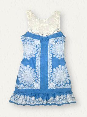 Rare Vintage Free People Blue & White Linen & Lace Y2K Boho Mini Dress Size 4